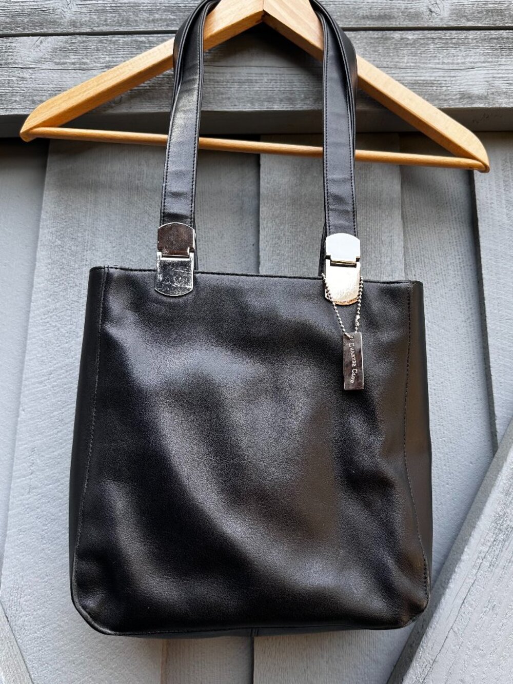 Charter Club Black Genuine Leather Tote Shoulder Bag Silver Hardware Work Purse